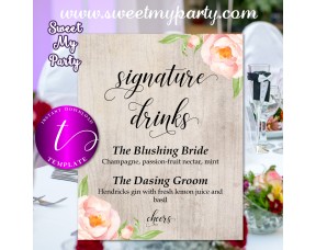 Floral Wedding signature drinks sign template, Boho wedding signature drinks template, 038w